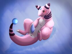 ampharos barkfur_(artist) blush bodily_fluids feral flustered generation_2_pokemon genital_fluids genitals hi_res lying male nintendo on_back penis pokemon pokemon_(species) precum shiny_pokemon solo