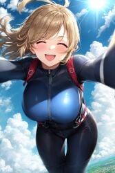 ai_generated big_breasts blush bodysuit breasts cloud clouds gangyu hips light_brown_hair open_mouth original original_character pov sky skydiving smile stable_diffusion sunlight teeth tight_clothing zipper