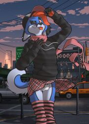 anthro bottomwear bulge canid canine clothed clothing crossdressing detailed_bulge ear_piercing fernley fox hi_res male mammal one_eye_closed piercing public skirt tongue tongue_out underwear upskirt wink