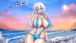 aqua_eyes arm_up beach bikini black_heart blush breasts choujigen_game_neptune cloud dimension252525 female hair_between_eyes highres large_breasts long_hair looking_at_viewer midriff navel neptunia_(series) noire open_mouth outdoors self-upload shiny_skin sitting sky smile solo stomach sun sunlight swimsuit symbol-shaped_pupils white_hair