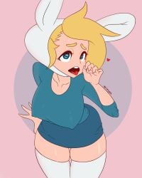 1girls 2018 adventure_time alternate_version_at_source big_breasts blush cartoon_network cleavage fellatio_face fellatio_gesture female_focus fionna_the_human_girl glistening_body hand_gesture hat heart heart-shaped_pupils long_hair looking_at_another nipples_visible_through_clothing no_bra shirt signature skirt solo solo_female solo_focus standing thighhighs tongue_out zipsha