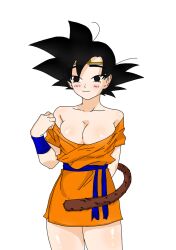 1girls big_breasts black_eyes black_hair clothed clothing dragon_ball dragon_ball_super dragon_ball_z female female_goku female_only female_saiyan goki rule_63 saiyan saiyan_tail solo son_goku white_skinsuit