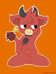 anthro balls blush bovid bovine bracelet cattle embarrassed embarrassed_nude_male erection fluffy fur genitals hi_res horn jewelry male mammal necklace orange_background penis presenting red_body red_fur sherwind52 simple_background solo solo_focus spread_legs spreading tail