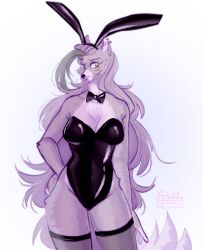 artechka big_breasts big_breasts bodysuit bunny_ear ear_piercing easter_bunny five_nights_at_freddy's five_nights_at_freddy's:_security_breach fnaf furry furry_female gray_fur gray_hair green_hair grey_skin huge_breasts latex latex_suit light_background long_hair presenting roxanne_wolf_(fnaf) wolf yellow_eyes