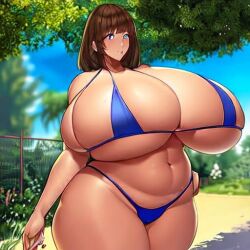 1girls ai_generated blue_bikini blue_eyes blue_sky brown_hair chubby chubby_female cleavage cloud cowboy_shot curvy_figure depth_of_field facing_viewer female_only fence flower gigantic_breasts legs_together linea_alba long_hair looking_at_viewer micro_bikini navel outdoors plump skindentation solo stable_diffusion standing tree venus_body waifu_diffusion weird_eyes