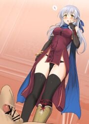 1boy 1girls absurdres ass_visible_through_thighs bar_censor black_gloves black_panties black_thighhighs blue_scarf boots breasts censored commission elbow_gloves erection female female_focus fingerless_gloves fire_emblem fire_emblem:_radiant_dawn gloves grey_hair hair_ornament highres long_hair male micaiah_(fire_emblem) momio nintendo open_mouth panties partially_visible_vulva penis scarf skeb_commission smile solo_focus standing straight testicles thighhighs underwear yellow_eyes