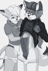 animal_genitalia anthro balls briefs canid canine canis clothed clothing duo felid flaccid foreskin fox foxzor genitals greyscale hand_on_stomach hat headgear headwear hi_res hoodie humanoid_genitalia humanoid_penis hybrid ion_(ion-yggdrasil) leo_(foxzor) lion male male/male mammal midriff monochrome pantherine partially_clothed penis penis_tip raised_clothing raised_topwear sheath simple_background tighty_whities topwear underwear underwear_down white_briefs white_clothing white_underwear wolf young