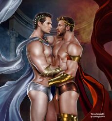 actor biceps bulge carlos_gzz caucasian caucasian_male celebrity chris_evans embracing flowing_clothing gay gods greek_mythology hand_in_underswear henry_cavill laurel_crown male male_only muscles muscular muscular_male pecs real_person red_cape shirtless_male smooth_skin underwear underwear_only