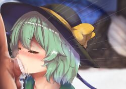 blush censored closed_eyes deepthroat fellatio green_hair hat koishi_komeiji touhou yamataka