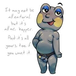 animal_crossing anthro blush chubby chubby_male confident english_text frog huck_(animal_crossing) kankore looking_at_viewer presenting_body self_upload speaking_to_viewer strap-on