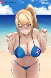 1girls beach blonde_female blonde_hair blue_eyes breasts female female_only hayato_stuff looking_at_viewer metroid nintendo samus_aran solo swimsuit tagme