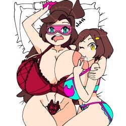 2girls big_breasts brown_hair female female_only hakkim_animation mikkah_(hakkim_animation) misha_(hakkim_animation) multiple_girls nipple_sucking peace_sign sleeping sucking_nipples yellow_eyes