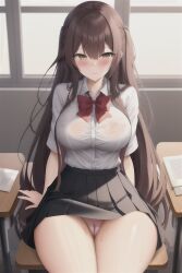 1girls ai_generated brown_hair class classroom daimonion exhibitionism flirting flirting_look green_eyes horny horny_female light-skinned_female light_skin light_smile long_hair looking_at_viewer no_sex original panties pink_panties pussy_outline red_ribbon school school_desk school_uniform schoolgirl schoolgirl_uniform see-through see-through_clothing see_through sitting smile smiling_at_viewer suggestive suggestive_look