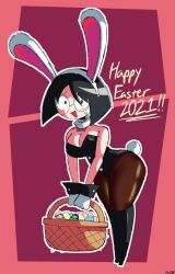 2021 ass basket big_ass big_breasts big_butt bunny_ears bunnysuit dahlia_(stashamber) dat_ass dialogue easter easter_eggs stashamber_(artist) stockings tagme thick_thighs