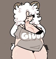 big_breasts black_bra black_panties bra breasts cleavage female female_only finishedthedemo furry goat goat_ears goat_horns goat_tail grey_shirt off-shoulder_shirt panties probablydemo shirt tail tail_tuft thick_thighs watermark white_ears white_fur white_hair