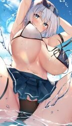 absurdres armlet armpits arms_behind_back arms_up bikini bikini_skirt blue_sky blush bouncing_breasts braid breasts day eyewear_on_head female from_below green_eyes grey_hair highres hololive hololive_fantasy hololive_japan large_breasts looking_down navel open_mouth partially_submerged shirogane_noel short_hair side_braid sitting sky solo swimsuit thigh_strap u_ronnta unaligned_breasts underboob underwear untied untied_bikini virtual_youtuber wardrobe_malfunction water