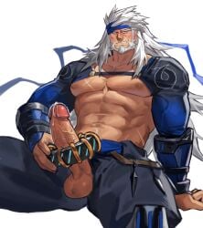 1boy abs bara beard blue_headband blush cross_scar erection facial_hair feet_out_of_frame headband highres jin_(sirius-j) jioh_the_gravity_ninja large_pectorals large_penis long_hair looking_at_viewer male_focus male_masturbation masturbation muscular muscular_male nipples old old_man open_fly pectorals penis scar scar_on_chest shrug_(clothing) solo solo_male spread_legs stomach thick_thighs thighs uncensored underpec veins veiny_penis white_hair yu-gi-oh!