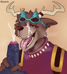 anthro antlers black_body black_fur bodily_fluids brown_body brown_fur capreoline cum cum_in_mouth cum_inside cum_on_face cumshot deer dispocarix dolph_(fortnite) duo ejaculation epic_games fellatio festive_clothing fortnite fur genital_fluids genitals hi_res horn male male/male mammal narrowed_eyes oral penile penis raised_glasses reindeer sex solo vein veiny_penis