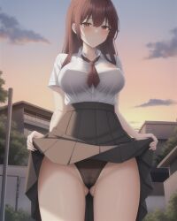 1girls ai_generated black_panties black_skirt blush blushing breast_outline brown_eyes brown_hair daimonion exhibitionism exhibitionist female female_focus female_only girl lifting_skirt light_smile looking_at_viewer no_sex outline outside panties school_uniform schoolgirl skirt skirt_lift skirt_up small_nose smile smiling_at_viewer solo solo_female street thighs white_shirt woman