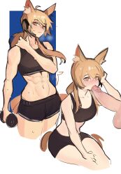 1girls :3 abs ahoge animal_ears arknights bare_shoulders belly big_penis black_shorts black_topwear blonde_hair blowjob blush dumbbell embarrassed female fit fit_female hand_on_head hand_on_legs hand_on_shoulder headset heavy_breathing just_the_tip kneeling light-skinned_female long_hair looking_at_viewer midriff multiple_views muscular muscular_female navel nearl_(arknights) nearl_the_radiant_knight_(arknights) ninra oral orange_eyes penis ponytail shorts smile sports_uniform sportswear standing stomach sweat sweatdrop sweating tail topwear