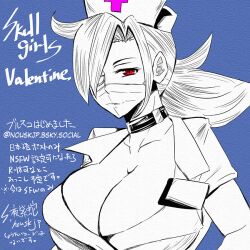 buckle buckle_choker choker huge_breasts monochrome nousk nurse_uniform skullgirls translation_request valentine_(skullgirls)