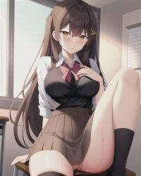 1girls ai_generated anklehighs asymmetrical_legwear black_socks blush blushing brown_hair brown_skirt classroom crew_socks daimonion female female_only light_brown_hair looking_at_viewer medium_breasts neutral_expression no_sex school school_desk school_uniform schoolgirl sitting socks solo solo_female thigh_socks thighhighs thighs uniform wet_pussy window yellow_eyes