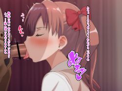 1boy absurdres bar_censor blush bow brown_hair censored closed_eyes deepthroat erection fellatio female gokuto-kun_(imakiyo) hairbow highres licking licking_penis long_hair male_pubic_hair oral penis penis_out pubic_hair red_bow saliva school_uniform shirai_kuroko solo_focus straight to_aru_kagaku_no_railgun to_aru_majutsu_no_index tokiwadai_school_uniform tongue tongue_out translation_request twintails veins veiny_penis