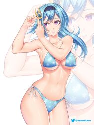 1girls bare_arms bare_shoulders bikini blue_bikini blue_hair blue_hairband breasts cowboy_shot etchimune eula_(genshin_impact) female female_only genshin_impact grin hair_ornament hairband hands_up long_hair looking_to_the_side navel pink_lips purple_eyes side-tie_bikini_bottom smile snowflake_print solo standing stomach swimsuit thighs zoom_layer