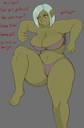 blue_hair coloranon giantess green_skin huge_breasts orc orc_female red_eyes simple_background thick_thighs voluptuous wide_hips