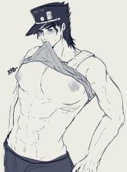 1boy biting_clothes joestar_birthmark jojo's_bizarre_adventure jotaro_kujo male male_nipples male_only muscular_arms muscular_male shirt_up stardust_crusaders