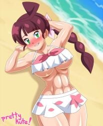 1girls abs artist_name beach big_breasts bikini blush breasts chloe_(pokemon) female female_only game_freak green_hair hourglass_figure looking_at_viewer muscles muscular_female nintendo pk-studios pokemon pokemon_(anime) pokemon_journeys red_hair solo solo_female thick_thighs underboob