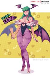 1boy 1girls capcom clothing darkstalkers demon_girl handholding large_breasts legoman medium_breasts monster_girl morrigan_aensland roa80h succubus sweating tagme