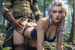 1boy 1boy1girl 1girls ai_generated all_fours artist_name ass ass_grab belt bent_over blonde_hair blue_eyes braid breasts brown_gloves cleavage collarbone colored_skin cum cum_in_pussy cum_on_ass cum_on_body doggystyle female fingerless_gloves forest garter_belt gloves green_skin head_out_of_frame hetero hi_res jaina_proudmoore large_breasts lips long_hair looking_at_viewer multicolored_hair muscular nature outdoors panties panties_aside r34arts sex sex_from_behind thighhighs thong tree underwear warcraft warcraft_3 white_hair world_of_warcraft