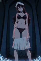 1girl ai_generated bambietta_basterbine black_bra black_hair black_panties bleach bra breasts cleavage closed_mouth clothes_pull digitalwaifugallery frown hair_between_eyes hat head_tilt hi_res high_quality high_resolution indoors large_breasts long_hair looking_at_viewer military_hat navel panties patreon peaked_cap pleated_skirt red_eyes seductive sexy skirt skirt_pull solo standing uncensored underwear undressing watermark white_headwear white_skirt