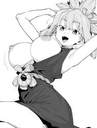 1girls areolae arms_up black_and_white breasts breasts_out dr.stone exposed_breasts henyaan_(oreizm) kohaku_(dr.stone) monochrome solo wardrobe_malfunction