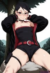 1girl ai_generated armpits ass_visible_through_thighs bare_shoulders belt black_choker black_eyes black_hair black_jacket black_shorts blush boruto boruto:_naruto_next_generations boruto:_two_blue_vortex breasts cameltoe choker closed_mouth collarbone covered_nipples ear_piercing earrings glasses gun handgun jacket jewelry long_sleeves looking_at_viewer naruto naruto_(series) naruto_shippuden open_clothes open_jacket outdoors piercing red_belt reviaiart rock round_eyewear sarada_uchiha short_hair short_shorts shorts sitting skindentation small_breasts smile solo spread_legs strapless thigh_strap thighs tree weapon