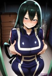 1girl ai_generated asui_tsuyu black_eyes black_hair blush boku_no_hero_academia breasts breath closed_mouth green_hair hair_between_eyes hair_rings indoors large_breasts long_hair looking_at_viewer low-tied_long_hair my_hero_academia reviaiart smile solo sportswear thighs tsuyu_asui very_long_hair