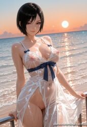 1girl ada_wong against_railing ai_generated artist_name bare_shoulders beach black_hair bow breasts brown_eyes cleavage cleft_of_venus closed_mouth collarbone covered_navel covered_nipples cowboy_shot dress dress_lift evening gradient_sky horizon kermixx large_breasts lips looking_at_viewer navel nipples no_bra no_panties ocean outdoors patreon_username pussy railing resident_evil ribbon see-through see-through_dress shiny_skin short_hair sky smile solo spaghetti_strap standing sun sundress sunset thighs uncensored water wet wet_clothes wet_dress white_dress