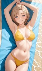1girl abdomen ai_generated armpits arms_up beach blue_eyes blue_towel blushing breasts caucasian_female cleavage cocking_hip collarbone erect_nipples hip_bones hips light_brown_hair looking_at_viewer lying_on_back lying_on_towel mature_female medium_breasts midriff milf navel pixai sand seductive_look seductive_smile short_hair thighs waist yellow_bikini