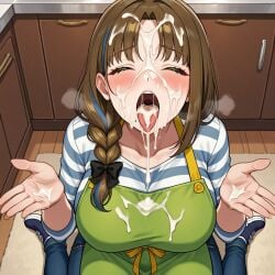 1girls after_fellatio after_oral after_orgasm ai_generated apron beauty_mark big_breasts blush braided_hair breasts brown_hair bukkake closed_eyes cum cum_drip cum_in_mouth cum_on_clothes cum_on_face cum_on_hair cum_on_hand cum_on_tongue facial indie_virtual_youtuber kitchen kneeling long_hair mole mole_under_mouth open_mouth solo_female tongue_out tsukushibara_sumine virtual_youtuber vtuber