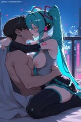 1boy 1girl ai_generated aqua_nails bare_shoulders between_breasts black_legwear black_skirt blush breasts breasts_outside detached_sleeves grey_shirt half-closed_eyes hatsune_miku headphones heart heart-shaped_pupils hetero hi_res high_quality high_resolution kiss large_breasts long_hair looking_at_another nail_polish necktie nipples patreon pleated_skirt seductive sexy shirt skirt sleeveless sleeveless_shirt straddling tattoo thigh_boots thighhighs twintails uncensored very_long_hair vocaloid watermark