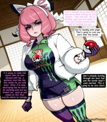 1girl ai_generated asymmetrical_legwear big_ass bike_shorts_under_shorts blush bracelet breasts bubble_butt collared_shirt comic comic_page curvy drill_hair dynamax_band english_text eyeshadow flipped_hair fur_coat fur_jacket game_freak gloves gym_leader hair_bow highres holding holding_poke_ball huge_breasts indoors jacket jewelry klara_(pokemon) large_breasts looking_at_viewer makeup mismatched_legwear mole mole_under_mouth multiple_panels nintendo nintendo_switch patreon patreon_username phanary pink_eyeshadow pink_hair pink_lips player_character poke_ball poke_ball_basic pokemon pokemon_sm pokemon_ss pokemon_sv pokemon_swsh print_shirt print_shorts print_thighhighs purple_eyes shaded_face shirt short_hair shorts side_slit side_slit_shorts solo speech_bubble thick thighhighs thighs twin_drills victor_(pokemon) white_jacket