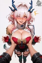 1boy 1girl ai_assisted ai_generated arknights arknights:_endfield ayakonarts breast_grab cleavage dragon_girl horns large_breasts looking_at_viewer mi_fu_(arknights:_endfield) pink_hair pov white_hair