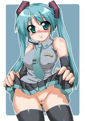 blush breasts cleavage hatsune_miku innie_pussy nipples no_panties nude_filter pussy skirt_lift uncensored vocaloid