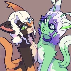 2d 2d_(artwork) 2girls :3 alien animal_ears antennae breasts cat choker colored_sclera female female_only fluffy furry gnarpies green_fur heterochromia highres kissing multicolored_fur nude patreon_exclusive pressed_together saliva saliva_trail tail tongue tongue_out yuri
