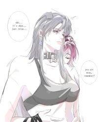 3xsth blush blushing bra cleavage collar dog_collar dog_ear female female_focus female_only hands_on_stomach larger_female long_hair older_female path_to_nowhere rahu_(path_to_nowhere) scar_on_face scars scars_all_over shalom_(path_to_nowhere) shorter_female smaller_female sports_bra suggestive suggestive_gesture taller_female younger_female yuri