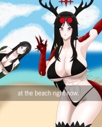 2girls a'zieb abs absurdres ahegao_light antlers arm_up beach beach_pose bikini black_bikini black_hair blue_sky blush bright_lighting claw cleavage cloudy_sky curvy daytime demon_girl detailed_background dynamic_pose female goggles_on_head hand_gesture highres large_breasts large_horns leaning_forward long_hair looking_at_viewer lying_on_side micro_bikini monster_girl muscular_female ocean one_arm_raised peace_sign red_eyes red_sunglasses sand scarlet_king scp-682 scp_foundation seductive_pose shiny_skin side-tie_bikini sideboob spiked_tail standing summer summer_vibes sweat swimsuit tail thick_thighs toned underboob voluptuous water_drops wide_hips yellow_eyes