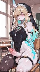 1boy ai_generated bare_shoulders blonde_hair blue_hair blush breasts chair classroom colored_skin covered_navel covered_nipples cum decurse desk ejaculation erection fleurdelys_(wuthering_waves) gloves hair_over_one_eye heart horns indoors long_hair male_focus multicolored_hair penis pink_eyes pointy_ears single_horn sitting solo testicles thighhighs uncensored window wuthering_waves