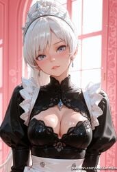1girl ai_generated alternate_costume apron artist_name black_dress blue_eyes blush breasts cleavage cleavage_cutout clothing_cutout dress earrings enmaided frills head_tilt high_ponytail indoors jewelry juliet_sleeves kermixx lips long_hair long_sleeves looking_at_viewer maid maid_headdress medium_breasts parted_lips patreon_username ponytail puffy_sleeves rwby scar scar_across_eye scar_on_face smile solo tiara upper_body web_address weiss_schnee white_apron white_hair window
