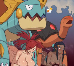 2boys 2girls absurdres ass bestiality black_hair blue_background blue_eyes blue_hair blush breasts collarbone commentary_request cross-eyed cum cum_overflow dark-skinned_female dark_skin drednaw earrings ejaculation flannery_(pokemon) forehead gradient_background group_sex hair_ornament hair_over_one_eye highres hoop_earrings huge_breasts humansub jewelry large_breasts long_hair lying multicolored_hair multiple_boys multiple_girls musical_note nessa_(pokemon) nipple_piercing nude on_stomach open_mouth orgy paid_reward_available piercing pokemon pokemon_(creature) pokemon_ruby/sapphire/emerald pokemon_sword_and_shield pokephilia ponytail puffy_nipples red_background red_eyes red_hair rolling_eyes sex sex_from_behind shadow sidelocks sidneyholic smoke spoken_musical_note streaked_hair torkoal torogao zoophilia